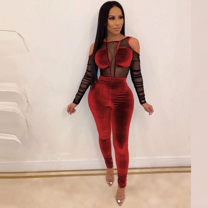 Women Fashion Sexy Sexy Mesh Velvet Stitching Long Sleeve Jumpsuits