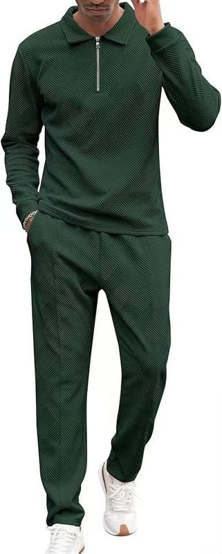 Men Fashion Casual Commuter Solid Color Half Zipper Long Sleeve Lapel POLO Shirt Trousers Sets