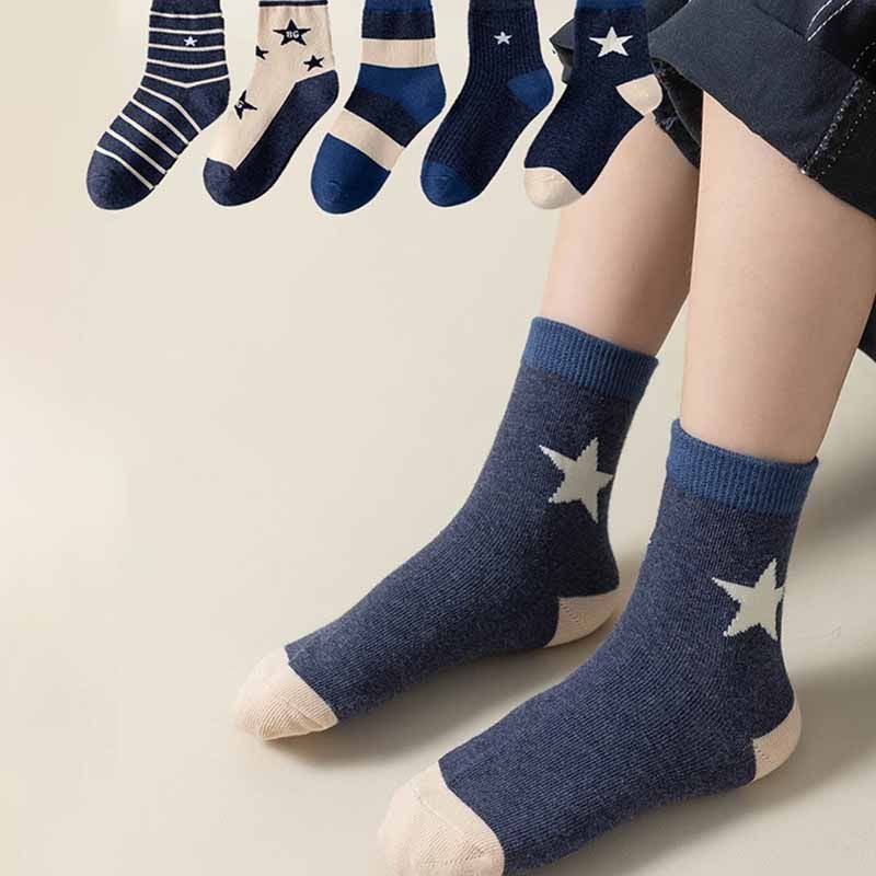 Kids Boys Cute Basic Stripe Star Mid-Calf Socks