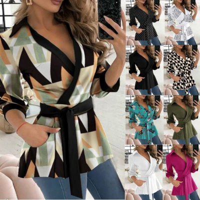 Women Fashion Geometric Diamond Butterfly Print V-Neck Long Sleeve Lace-Up Shirt