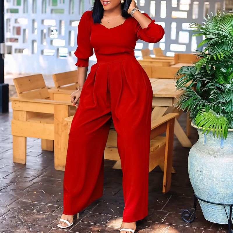 Women Fashion Casual Solid Color Long Sleeve Loose Wide Leg Jumpsuits