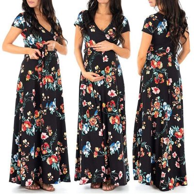 Pregnant Women Fashion Floral Printing V-Neck Lace-Up Short Sleeve Nursing Dress