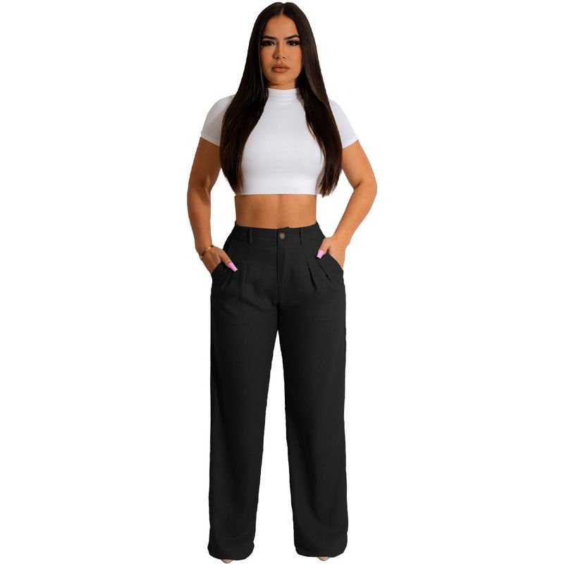 Office Chic Women Fashion Loose Straight Solid Color Casual Pants