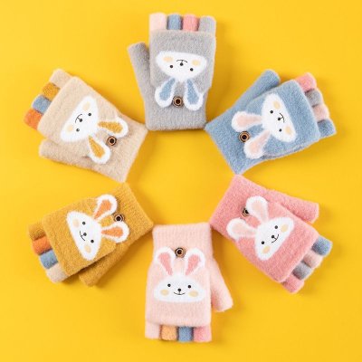 Kids Unisex Fall Winter Casual Cute Cartoon Fleeces Half Finger Clamshell Gloves