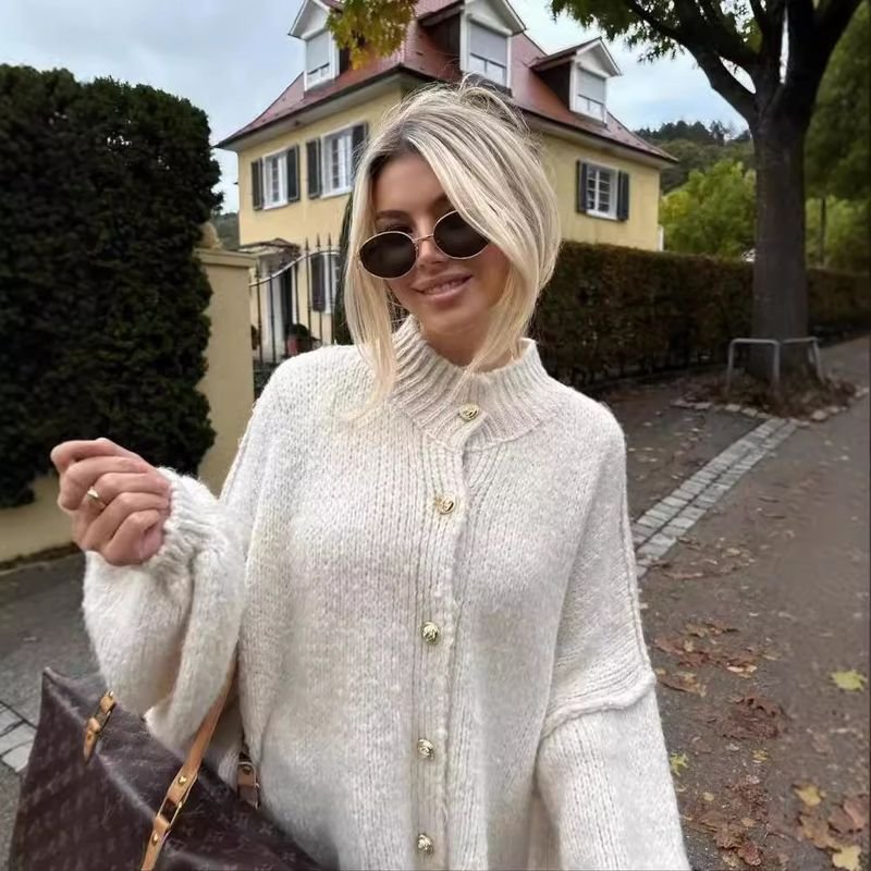 Autumn Winter Women Fashion Button Long Sleeve Knitted Sweater