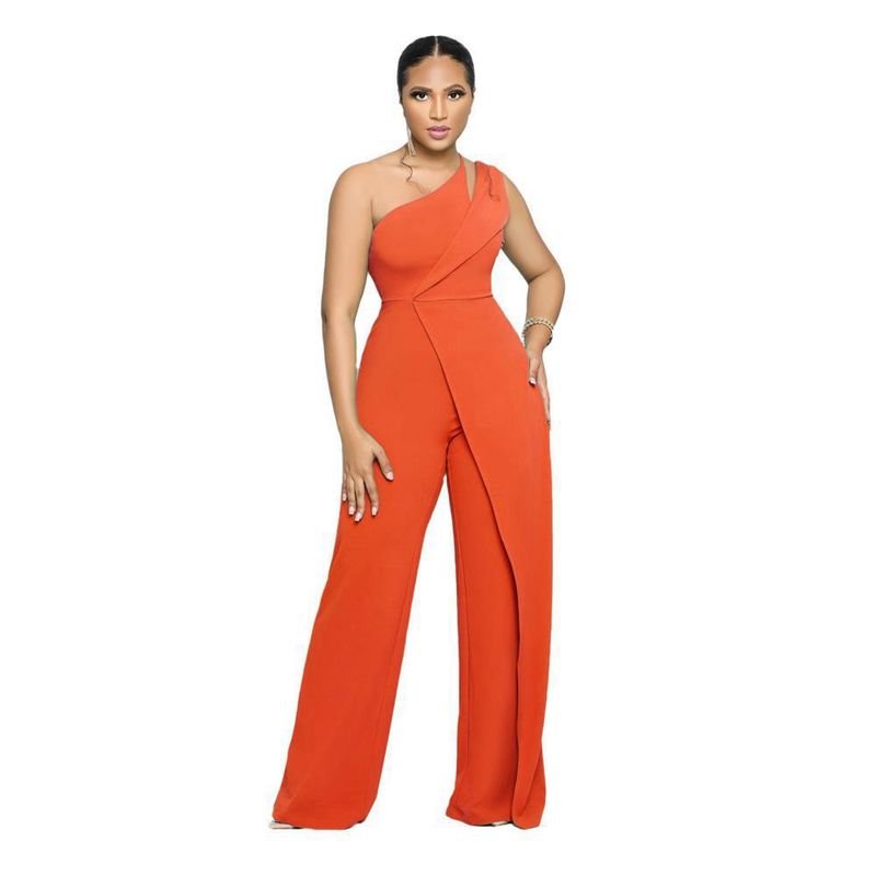 Women Fashion Sexy One-Shoulder High Waist Straight Jumpsuits