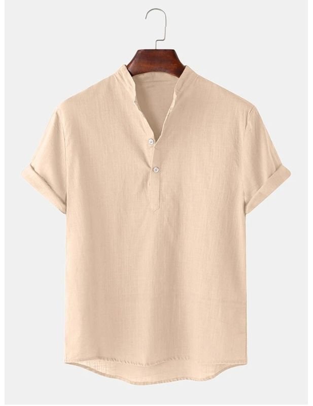 Men Summer Cotton Linen Breathable Solid Color Short Sleeve Henry Collar Hawaii Shirt Custom