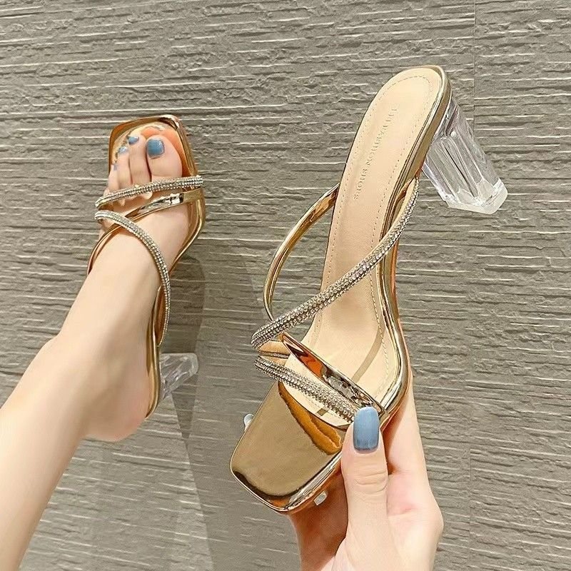 Summer Women Fashionable Plus Size Rhinestone Cross One-Shown Square Toe Transparent Chunky Heel Slippers