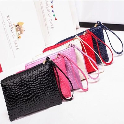 Women Simple Solid Color Stone Pattern Zipper Long Purses