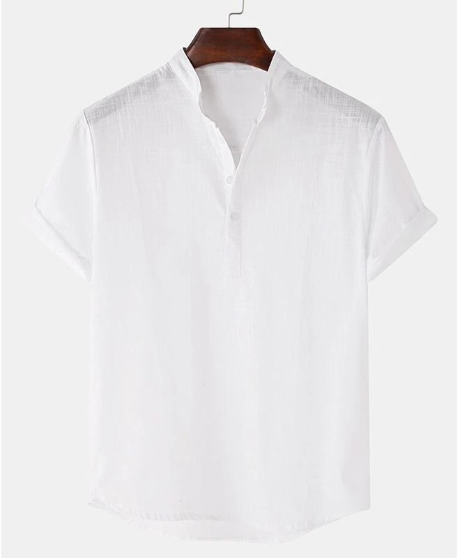 Men Summer Cotton Linen Breathable Solid Color Short Sleeve Henry Collar Hawaii Shirt Custom