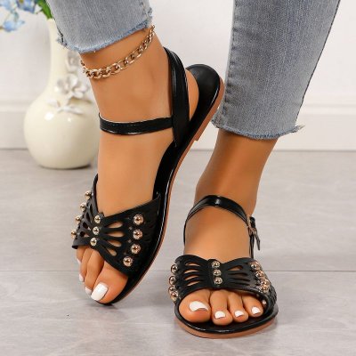 Summer Women Vintage Plus Size Hollow Out Butterfly Round Toe Flat PU Sandals