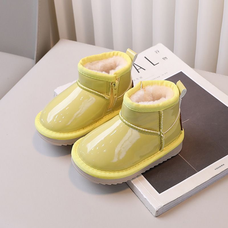 Kids Unisex Casual Cute Solid Color Patent Leather Fleece Zipper Thick-Soled Snow Boots