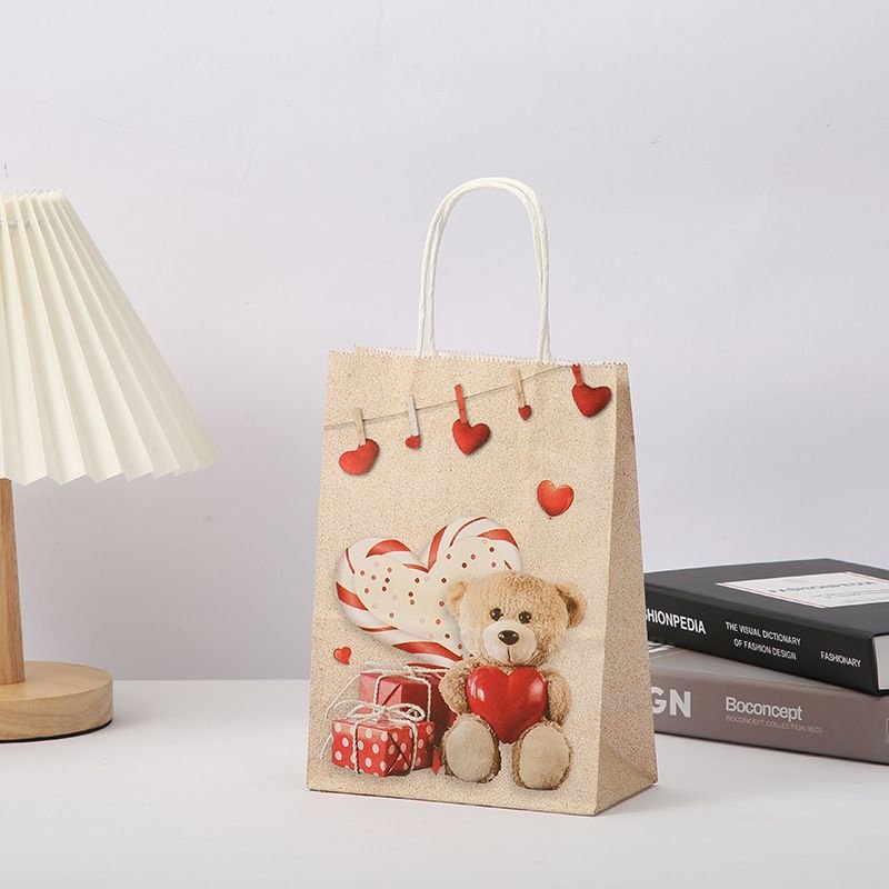 Valentine Day Cartoon Heart-Shaped Bear Print Accompanying Gift Kraft Paper Tote