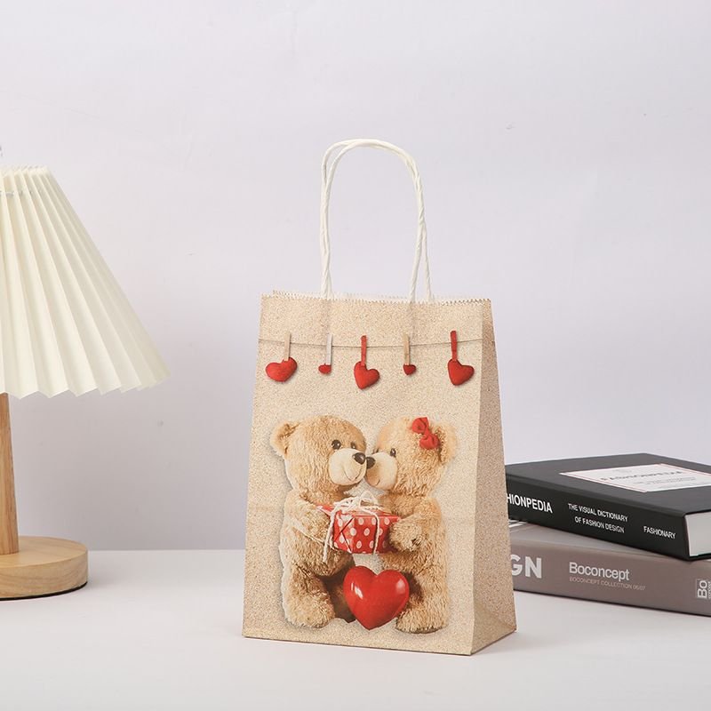 Valentine Day Cartoon Heart-Shaped Bear Print Accompanying Gift Kraft Paper Tote