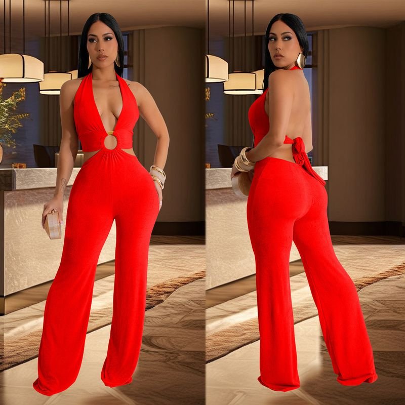 Women Fashion Solid Color V-Neck Backless Lace-Up Hollow Jumpsuits