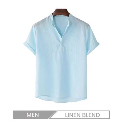 Men Summer Cotton Linen Breathable Solid Color Short Sleeve Henry Collar Hawaii Shirt Custom