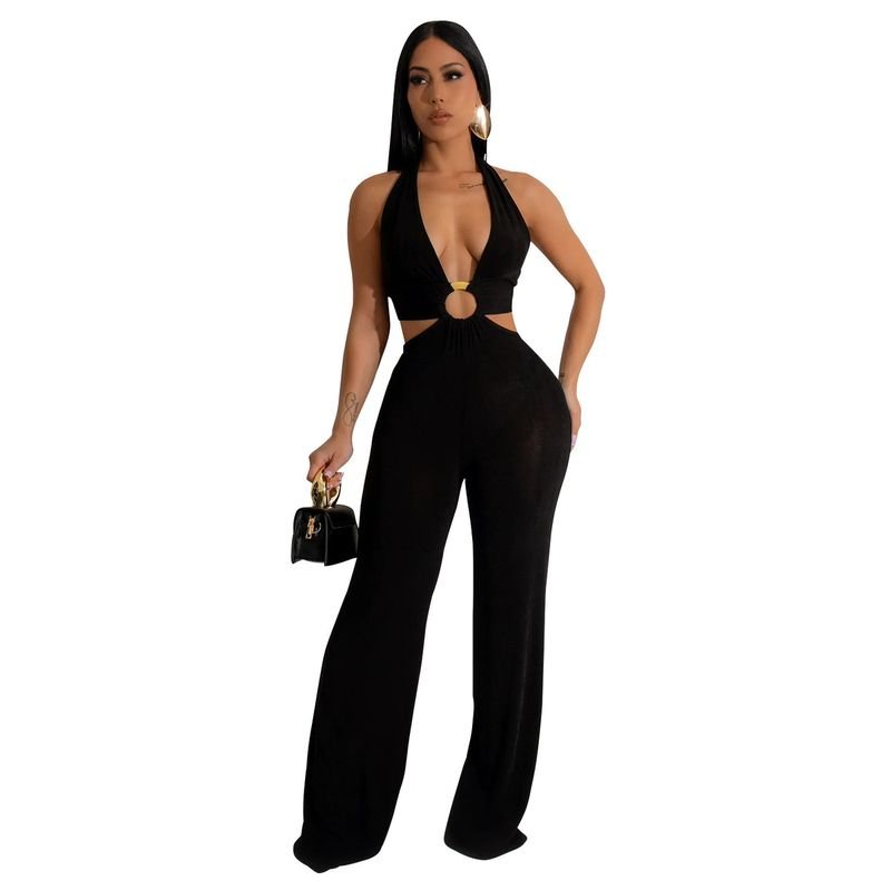 Women Fashion Solid Color V-Neck Backless Lace-Up Hollow Jumpsuits