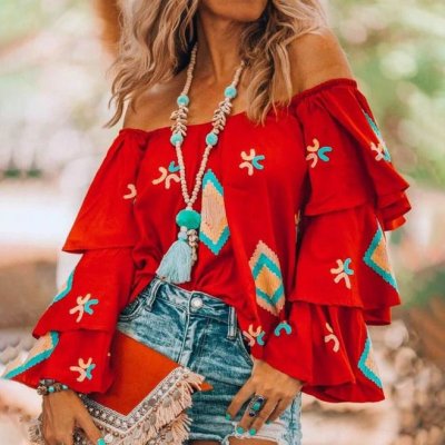 Women Fashion Bohemian Ethnic Print Off Shoulder Long Sleeve Shirt