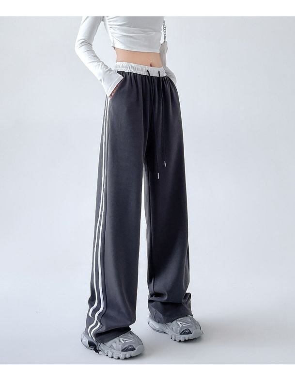 Women Fashion Casual Stripe Stitching High Waist Drawstring Sports Pants