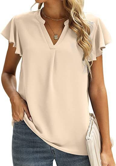 Women V-Neck Ruffled Cap Sleeves CasualSolid Color Chiffon Blouse