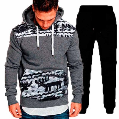 Men Casual Sports Christmas Deer Pattern Plus Size Long Sleeve Hoodies Trousers Sets