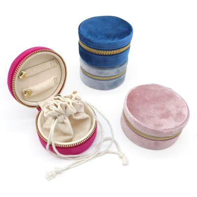 Fashion Solid Color Zipper Velvet Round Jewelry Storage Box