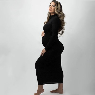 Pregnant Women Fashion Solid Color High Neck Slim Long Sleeve Dress