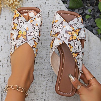 Summer Women Casual Plus Size Cross Butterfly Printed Square Toe Flat Slippers