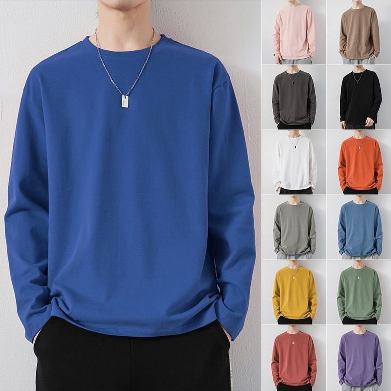 Men Basic Casual Solid Color Plus Size Long Sleeve Round Neck T-Shirt