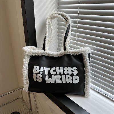 Fashionable Plush Letter Print Large Capacity Tote Bag