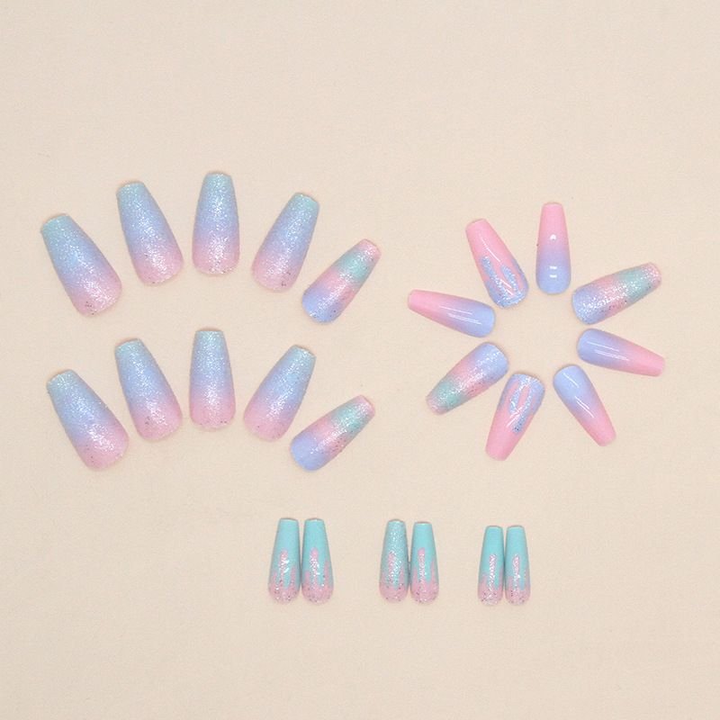 Sweet Flash Girl Macaron Color Gradient Nail Art Summer Cute Glitter False Nails