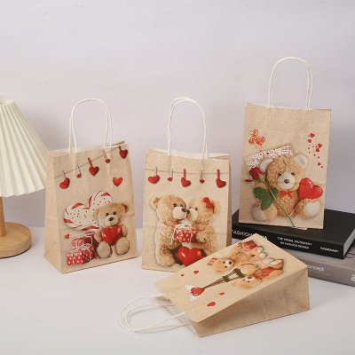 Valentine Day Cartoon Heart-Shaped Bear Print Accompanying Gift Kraft Paper Tote