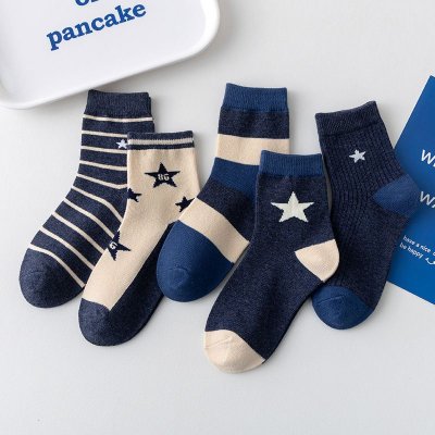 Kids Boys Cute Basic Stripe Star Mid-Calf Socks