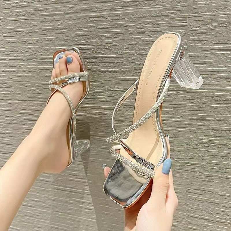 Summer Women Fashionable Plus Size Rhinestone Cross One-Shown Square Toe Transparent Chunky Heel Slippers