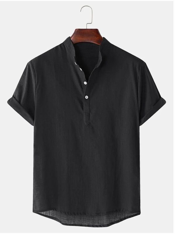 Men Summer Cotton Linen Breathable Solid Color Short Sleeve Henry Collar Hawaii Shirt Custom
