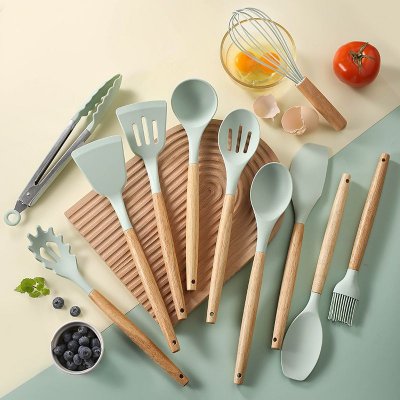 Simple Silicone Kitchenware Set Light Wooden Handle 12-Piece Set Non-Stick Spatula Spoon Set