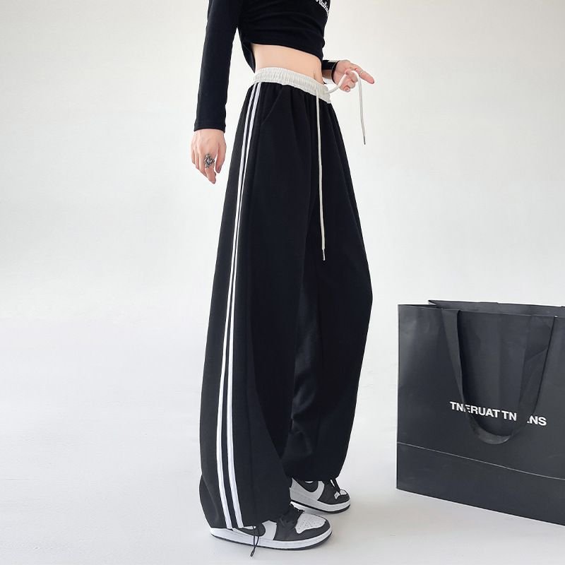 Women Fashion Casual Stripe Stitching High Waist Drawstring Sports Pants