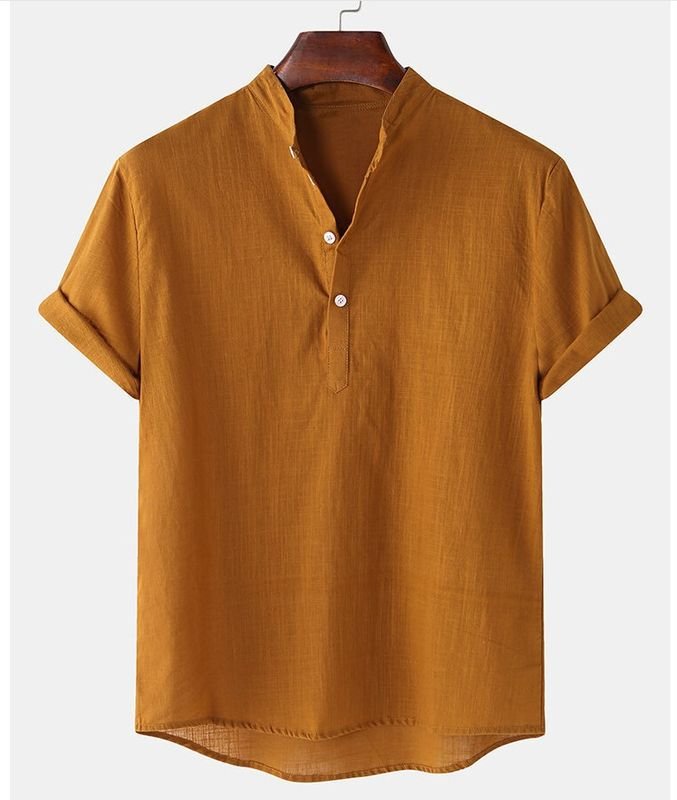 Men Summer Cotton Linen Breathable Solid Color Short Sleeve Henry Collar Hawaii Shirt Custom