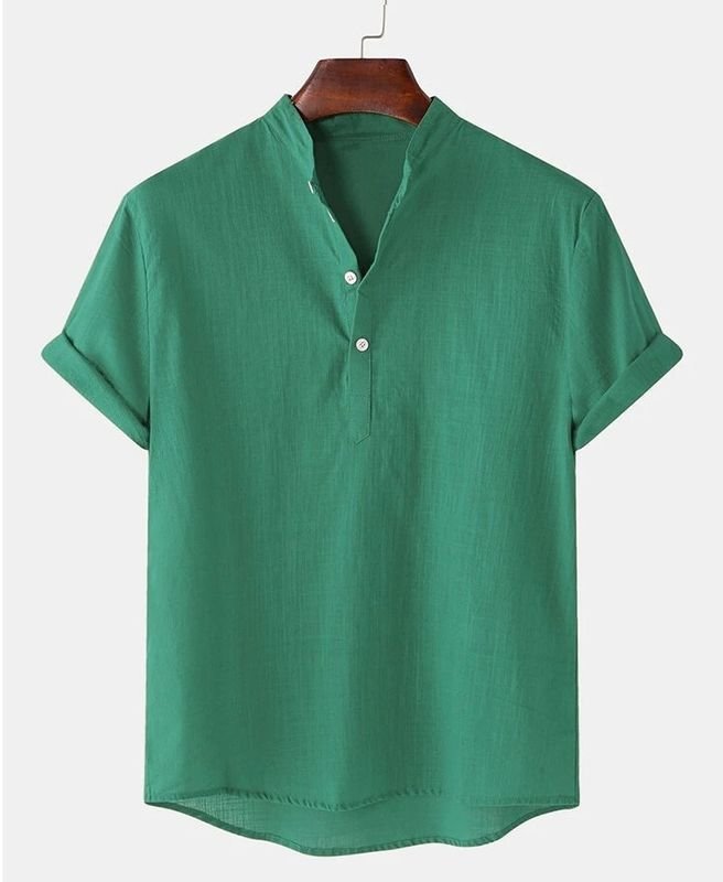 Men Summer Cotton Linen Breathable Solid Color Short Sleeve Henry Collar Hawaii Shirt Custom