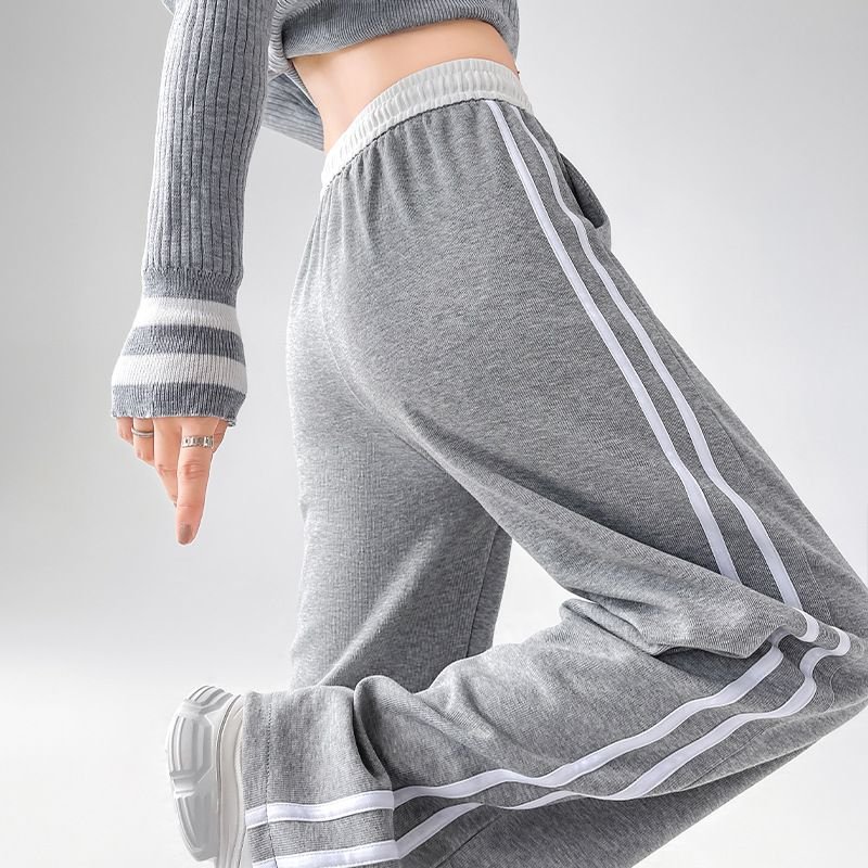 Women Fashion Casual Stripe Stitching High Waist Drawstring Sports Pants