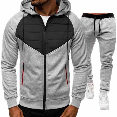 Men Casual Sports Color Matching Long Sleeve Hoodies Trousers Sets