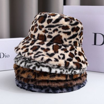 Women Winter Leopard Print Plush Bucket Hat