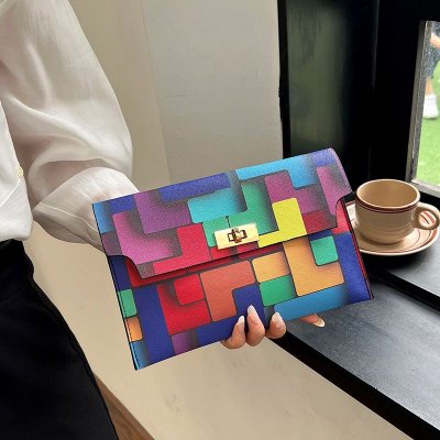 Women Fashion Geometric Color Block Flap Lock Rectangular Purses