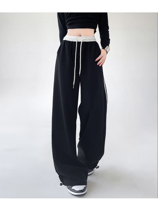 Women Fashion Casual Stripe Stitching High Waist Drawstring Sports Pants