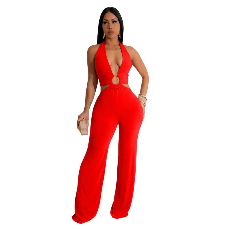 Women Fashion Solid Color V-Neck Backless Lace-Up Hollow Jumpsuits