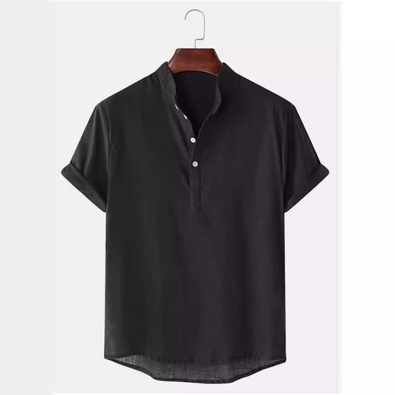 Men Summer Cotton Linen Breathable Solid Color Short Sleeve Henry Collar Hawaii Shirt Custom