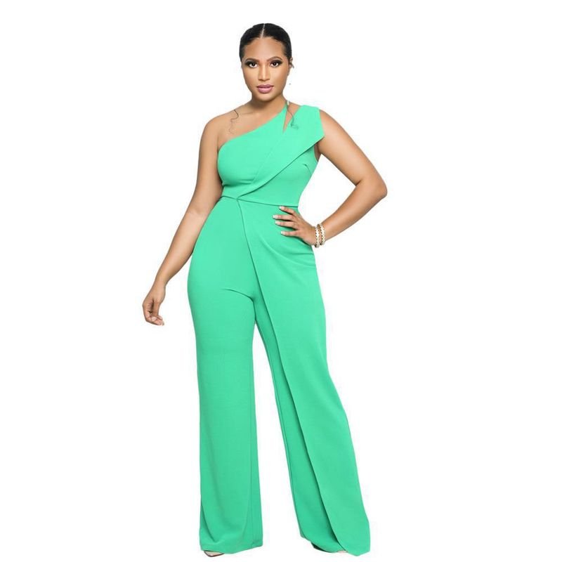Women Fashion Sexy One-Shoulder High Waist Straight Jumpsuits