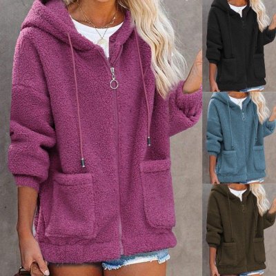 Autumn Winter Women Fashion Plush Thickened Long Sleeve Zipper Pocket Hooded Jacket