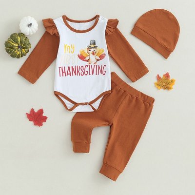 Kids Baby Boys Girls Casual Cute Thanksgiving Cartoon Alphabet Print Long Sleeve Romper Trousers Sets