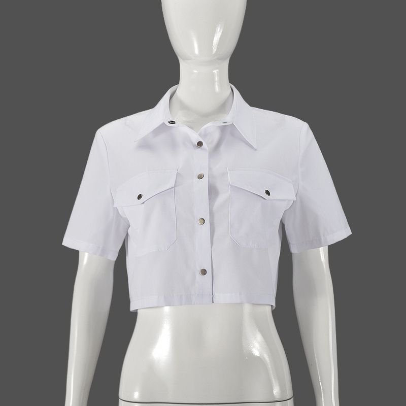 Women Fashion Casual Lapel Pocket Short Sleeve Crop Shirt